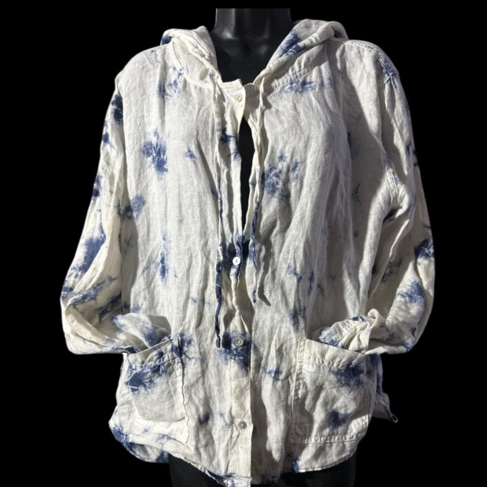Rachel Zoe Linen Tie-Dye Hooded Button Up Women's Top - Blue and White - Size L - Picture 4 of 11
